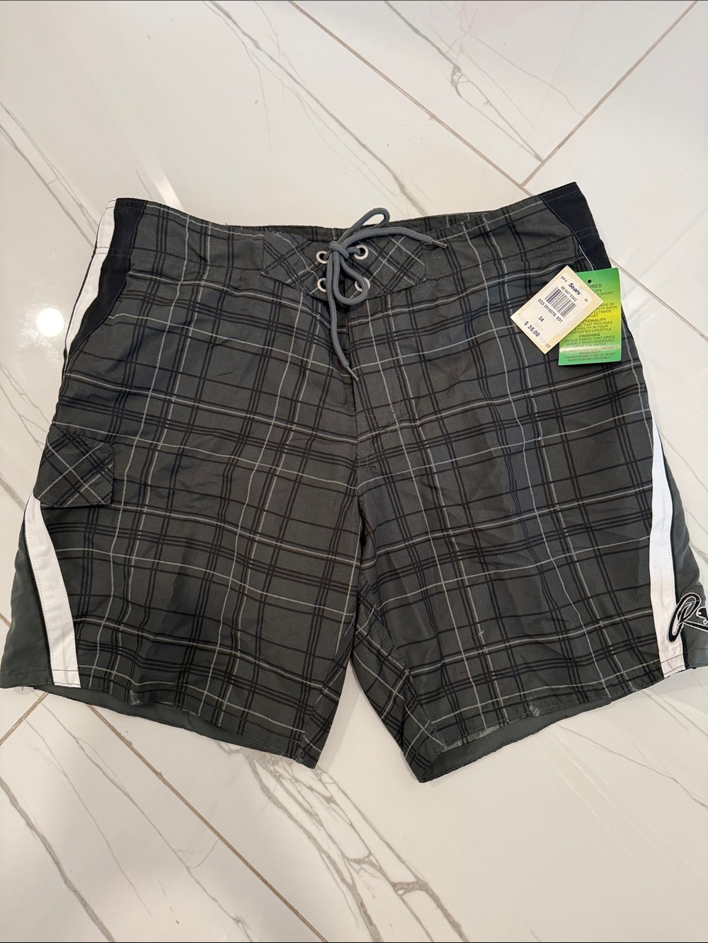 Roots Gray and Black Plaid Men's Swim Board Shorts